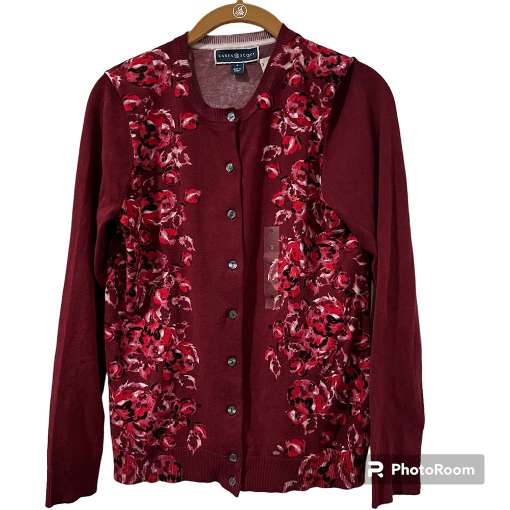 Karen Scott Women's Small Red Floral Knit Cardigan Sweater Button Front.